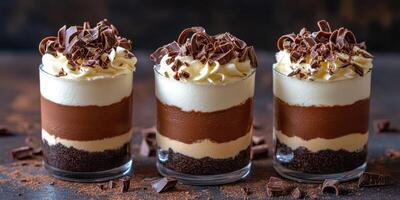 Delicious layered dessert with chocolate mousse and whipped cream garnished with chocolate shavings served in individual glasses photo