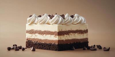 Satisfying dessert display of layered chocolate cream cake with whipped topping on a neutral backdrop photo