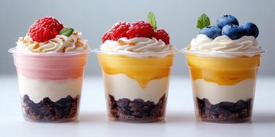 Colorful dessert cups with layers of creamy mousse and fresh berries served on a clean surface photo