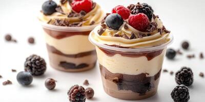 Delightful dessert cups with layers of chocolate, vanilla, and fresh berries in a clean presentation photo