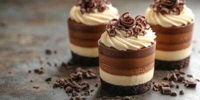 Delicious layered chocolate dessert with creamy chocolate frosting and chocolate curls served on a rustic surface photo
