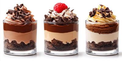 Delicious dessert cups filled with layers of chocolate mousse, cream, and cookie crumbs showcased on a white background photo