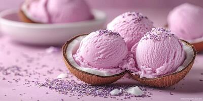 Delightful lavender ice cream served in coconut shells against a soft pink backdrop during a summer afternoon photo
