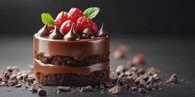 Decadent chocolate cake garnished with raspberries and mint in an elegant dessert presentation photo