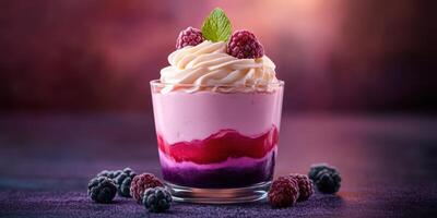 Delicious dessert featuring layers of cream, raspberry, and blackberry in a glass served at a cozy cafe during evening photo