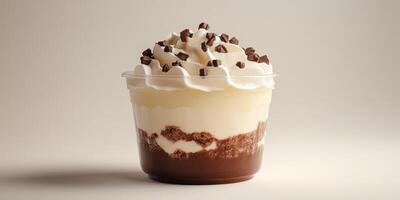 Decadent chocolate dessert with layers of cream and chocolate shavings served in a clear cup photo