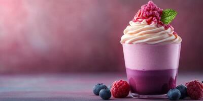 Colorful dessert featuring swirls of cream and fruit toppings in a glass cup on a soft background photo