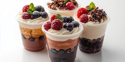 Delicious dessert cups featuring layers of chocolate, berries, and cream served on a white background photo