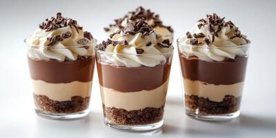 Delicious dessert cups layered with chocolate, cream, and cookie crust served on a white background photo