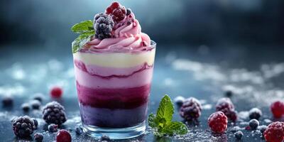 Delicious layered berry dessert topped with mint leaves presented in a clear glass photo