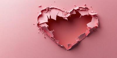 Heart shape emerging from a cracked wall on a pink background symbolizing love and vulnerability photo