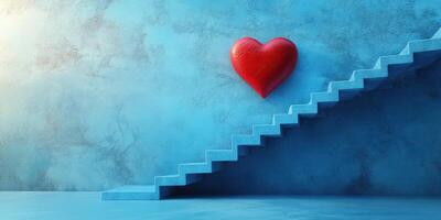 Bright red heart decoration on blue wall with stairs leading up in a modern space photo