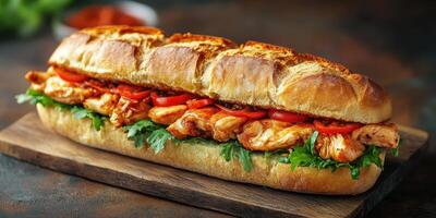Delicious sandwich with grilled chicken, fresh vegetables, and a toasted bun on a wooden board photo