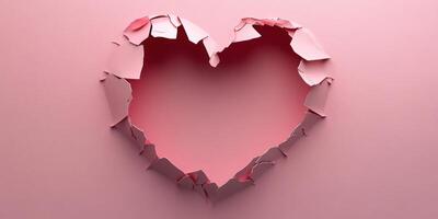 Heart shape created by peeling pink paper, symbolizing love and emotions, set against a smooth pink background photo
