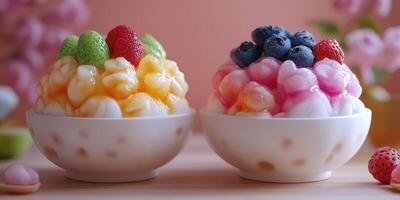 Colorful shaved ice dessert bowls topped with fruit served on a wooden table in a bright setting photo