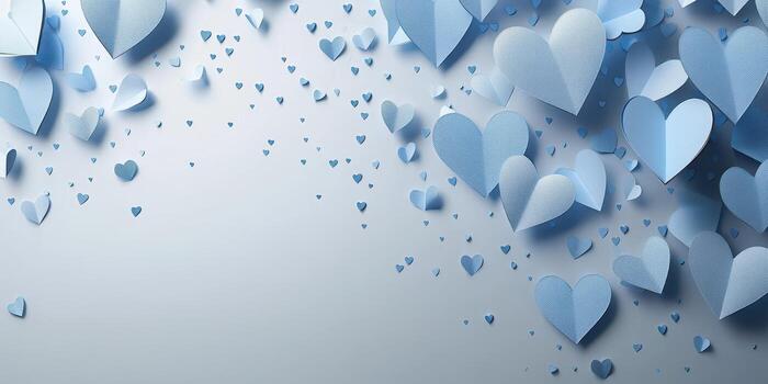 Colorful blue paper hearts scattered across a light background creating a festive atmosphere for celebrations and romantic events photo