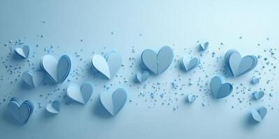 Blue paper hearts create a whimsical pattern with scattered paper confetti on a light background photo