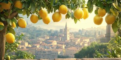 Lemon trees with ripe fruits overlooking a picturesque town in warm afternoon light photo