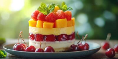 Delicious layered fruit dessert showcases vibrant flavors and fresh ingredients in a rustic setting photo