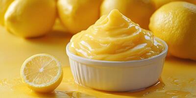 Deliciously creamy lemon curd served in a white bowl surrounded by fresh lemons on a vibrant yellow surface photo