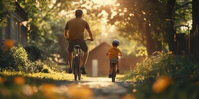 Father and son enjoy a sunny evening bike ride through a peaceful nature path lined with trees and flowers photo