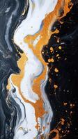 Abstract art piece featuring black, white, and gold patterns flowing together in mesmerizing waves and splashes photo