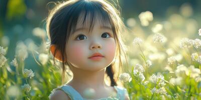 Little girl enjoying a sunny day in a field full of white flowers, surrounded by nature and soft sunlight photo