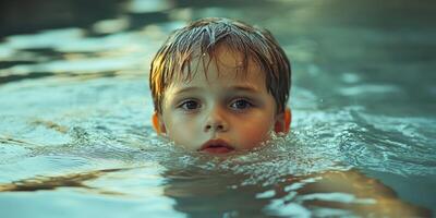 Young boy swims in serene water on a bright afternoon during summer at a local pool photo