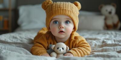 Baby in yellow sweater with bear hat playing with teddy bear on cozy bed indoors during morning light photo