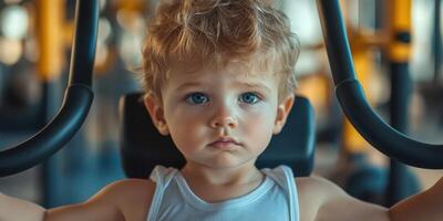 Young child exercising with gym equipment in a fitness center during the afternoon photo