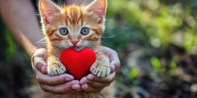 Cute orange kitten holding a red heart in hands during sunny outdoor setting photo