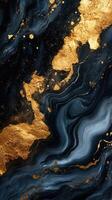 Abstract art showcasing swirling black and blue textures with vibrant gold accents created in a contemporary style photo
