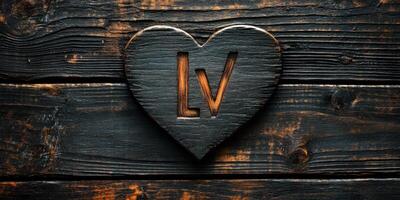 Carved wooden heart sign featuring LV initials on rustic black wooden surface photo