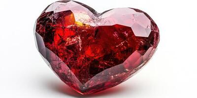 Brilliant red heart-shaped crystal sparkles under bright light with intricate facets and textures photo