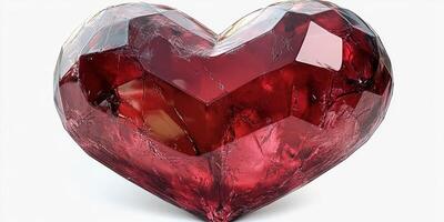 Heart-shaped gem sculpture crafted from deep red crystal with intricate facets and a polished surface, showcasing light reflections photo