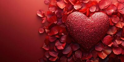 Decorative heart shape made of shimmering material surrounded by red rose petals on a soft red background photo