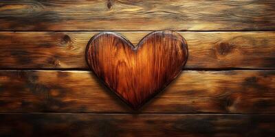 Heart-shaped wooden decoration on rustic wooden background exudes warmth and charm in a cozy setting photo