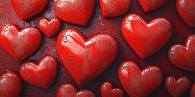 Bright red hearts arranged on a textured surface perfect for celebrations and romantic occasions photo