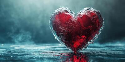 Heart-shaped ice sculpture with a glowing red center reflects on a smooth surface in a misty, atmospheric setting photo
