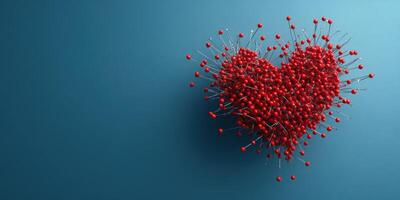 Heart shape created with red pins on a blue background symbolizing love and connection photo