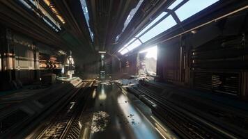 Sunlit futuristic corridor with scattered debris in a sci fi world video