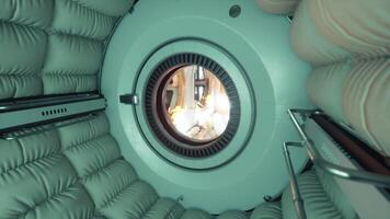 Exploring the interior of a space station with a view through a circular window video