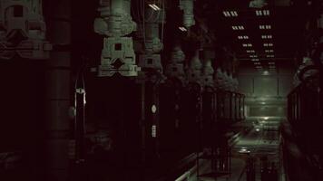 Dark industrial facility with advanced machinery at night video