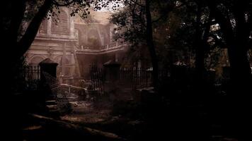 Abandoned mansion surrounded by trees and overgrown garden at dusk video