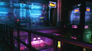 Neon lit arcade with vibrant lights and futuristic decor in urban setting video