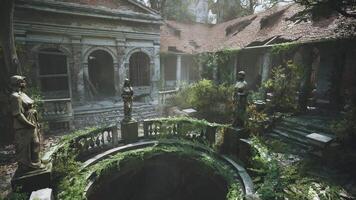 Abandoned courtyard with statues covered in greenery in a historic building video