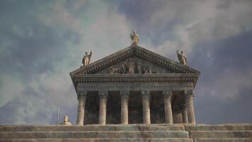 Ancient temple with statues under a cloudy sky in a historical setting video