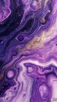 Vibrant purple abstract art with swirling patterns and shimmering gold accents captured in a fluid painting technique photo