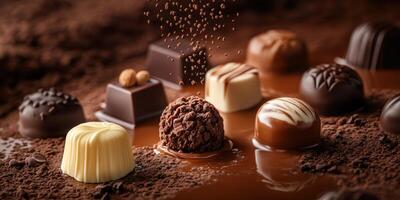 Assorted handcrafted chocolates arranged on rich cocoa, with a sprinkle of cocoa powder, creating an enticing dessert display photo