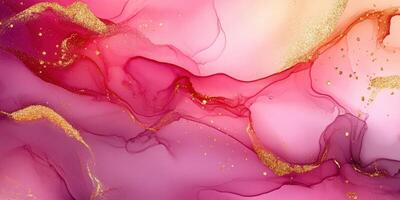 Bright abstract painting featuring flowing pink, red, and gold hues in a stunning design of elegance and beauty photo